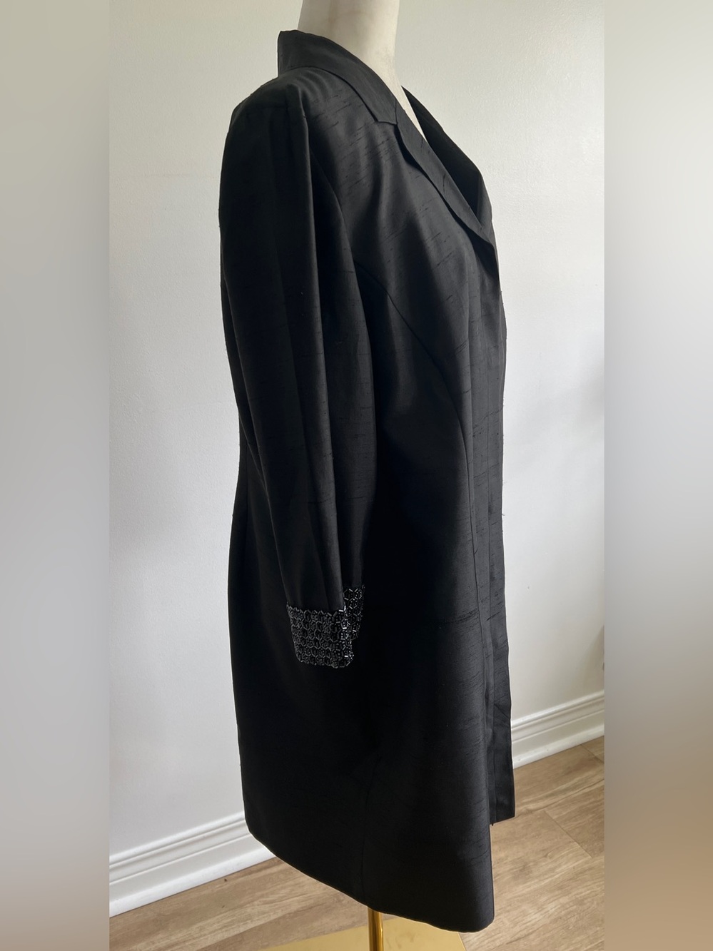 Vintage Y2K Black Silk Evening Coat • Beaded Sleeves • Special Occasion Jacket - Picture 9 of 14